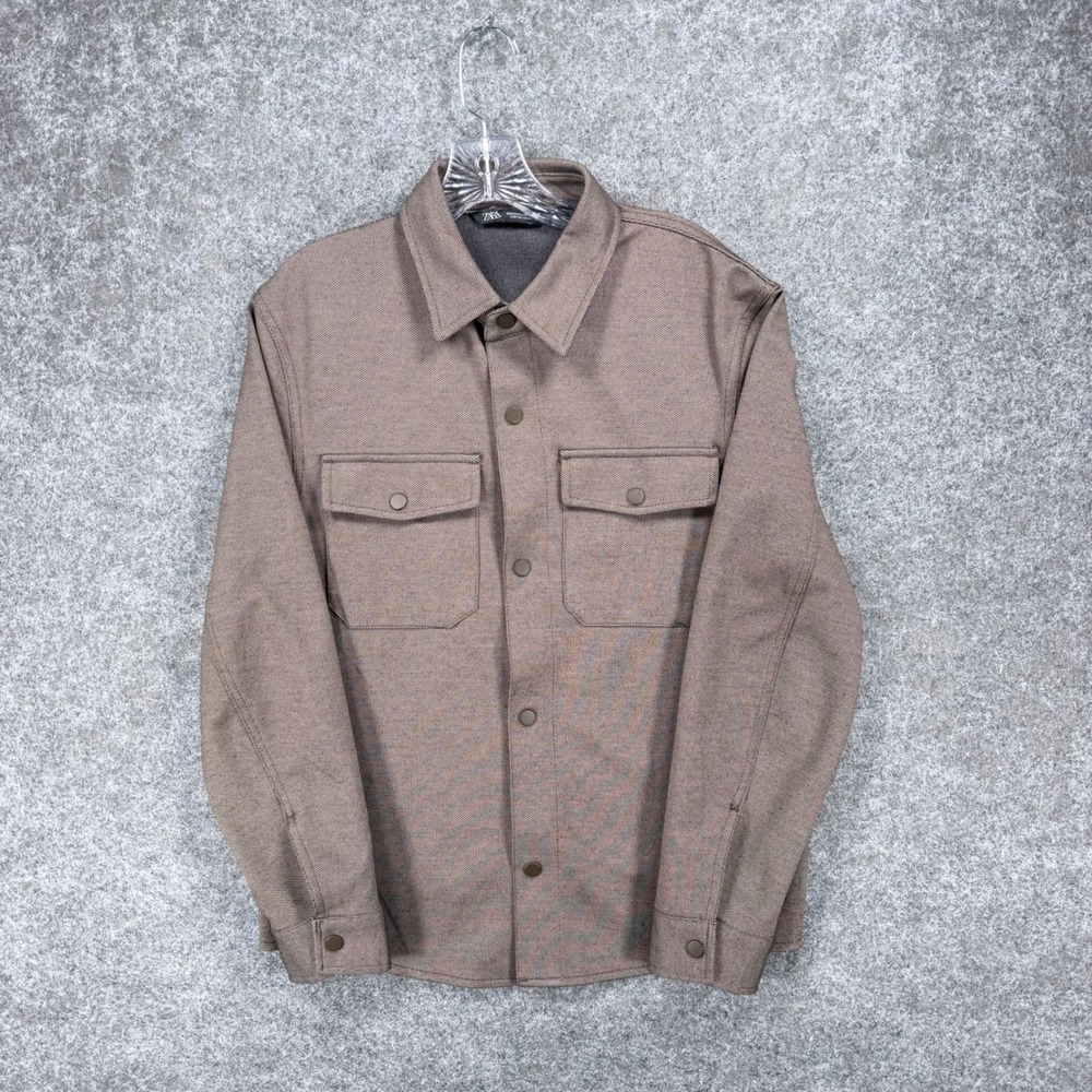 ZARA Men Size S Brown Stretch Snap Front Overshirt Shirt Jacket Utility Pockets